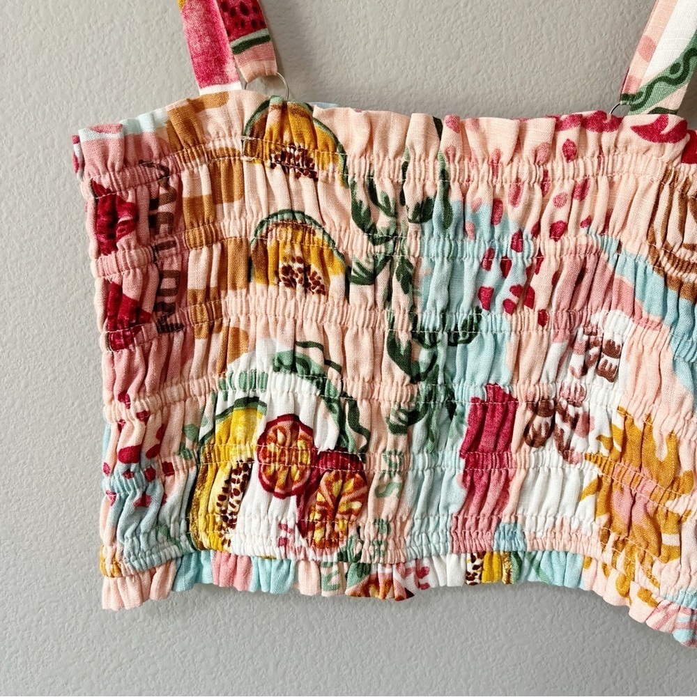 Paper Heart Linen-Blend Colorful Fruit Print Smocked Cropped Tank Top Medium NEW - Picture 3 of 8
